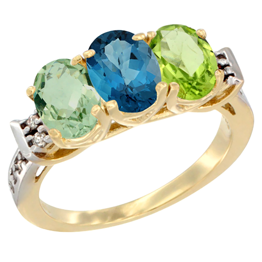 10K Yellow Gold Natural Green Amethyst, London Blue Topaz &amp; Peridot Ring 3-Stone Oval 7x5 mm Diamond Accent, sizes 5 - 10