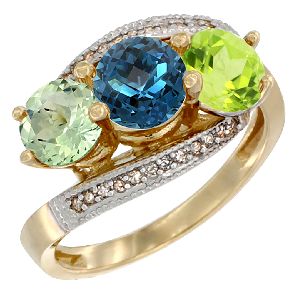 10K Yellow Gold Natural Green Amethyst, London Blue Topaz & Peridot 3 stone Ring Round 6mm Diamond Accent, sizes 5 - 10