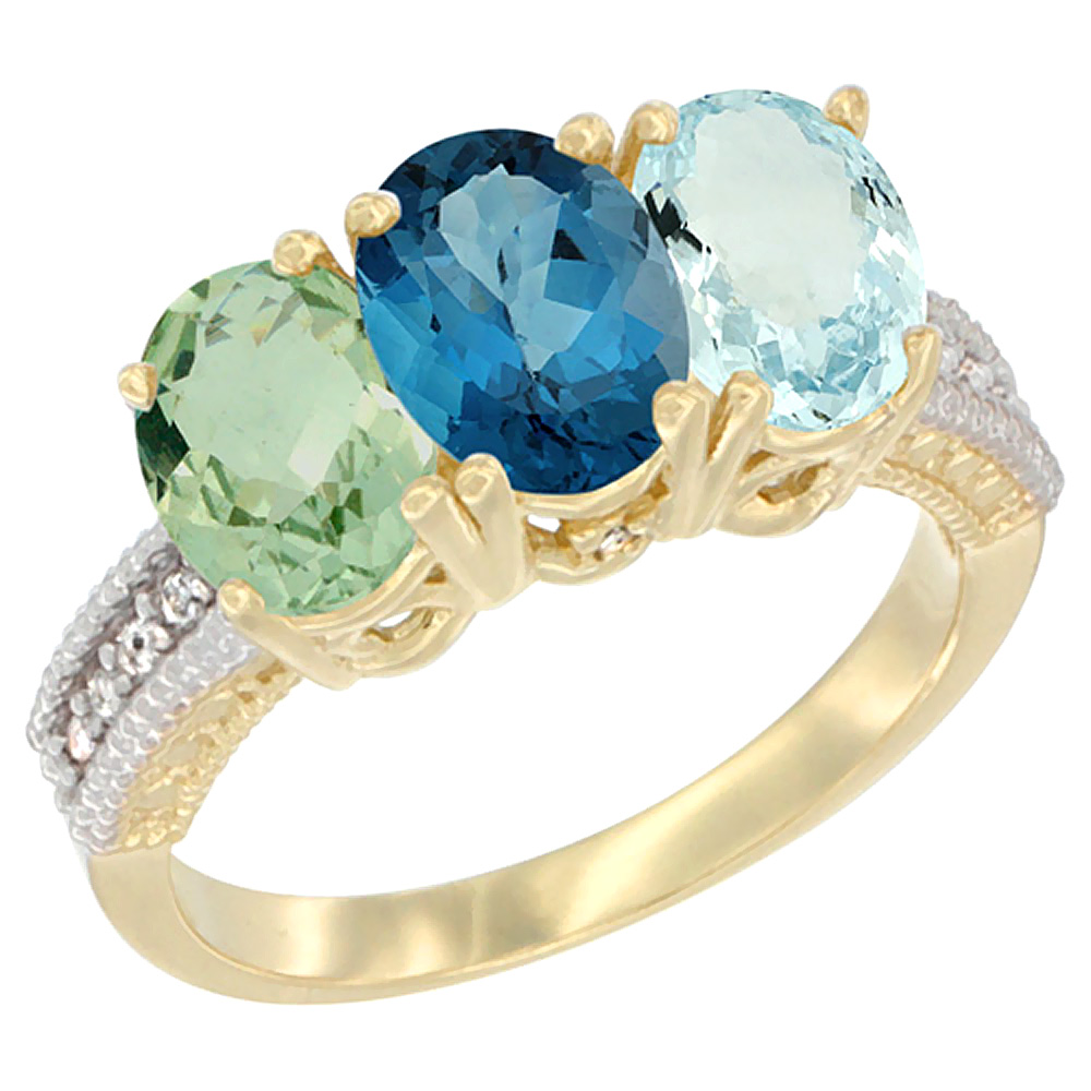 14K Yellow Gold Natural Green Amethyst, London Blue Topaz &amp; Aquamarine Ring 3-Stone 7x5 mm Oval Diamond Accent, sizes 5 - 10