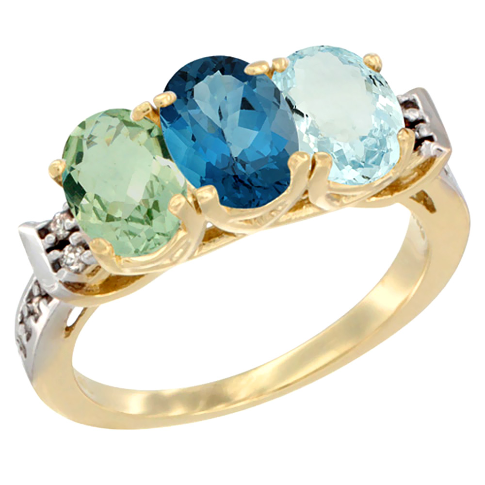 10K Yellow Gold Natural Green Amethyst, London Blue Topaz &amp; Aquamarine Ring 3-Stone Oval 7x5 mm Diamond Accent, sizes 5 - 10