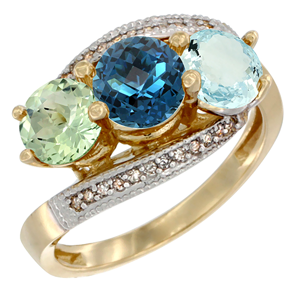 10K Yellow Gold Natural Green Amethyst, London Blue Topaz & Aquamarine 3 stone Ring Round 6mm Diamond Accent, sizes 5 - 10