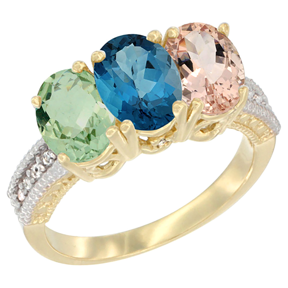 14K Yellow Gold Natural Green Amethyst, London Blue Topaz & Morganite Ring 3-Stone 7x5 mm Oval Diamond Accent, sizes 5 - 10