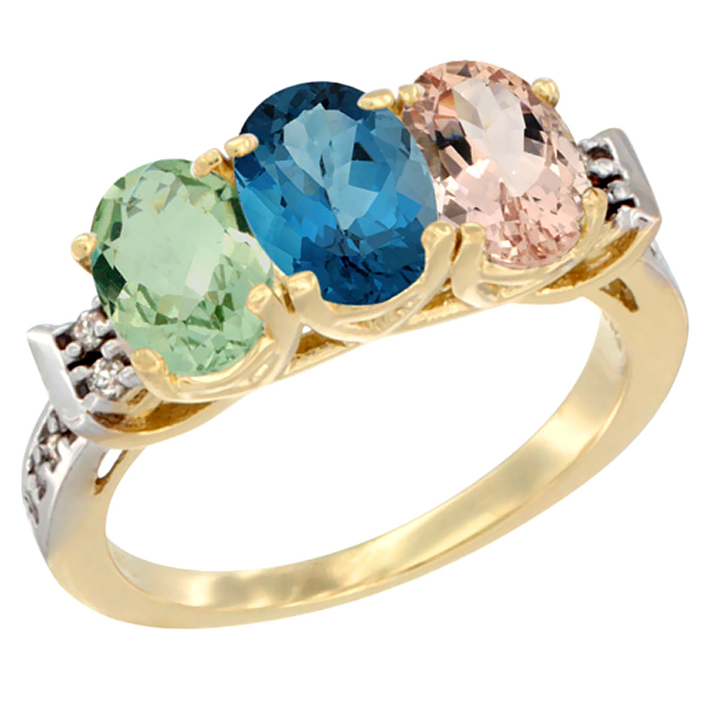 14K Yellow Gold Natural Green Amethyst, London Blue Topaz &amp; Morganite Ring 3-Stone 7x5 mm Oval Diamond Accent, sizes 5 - 10