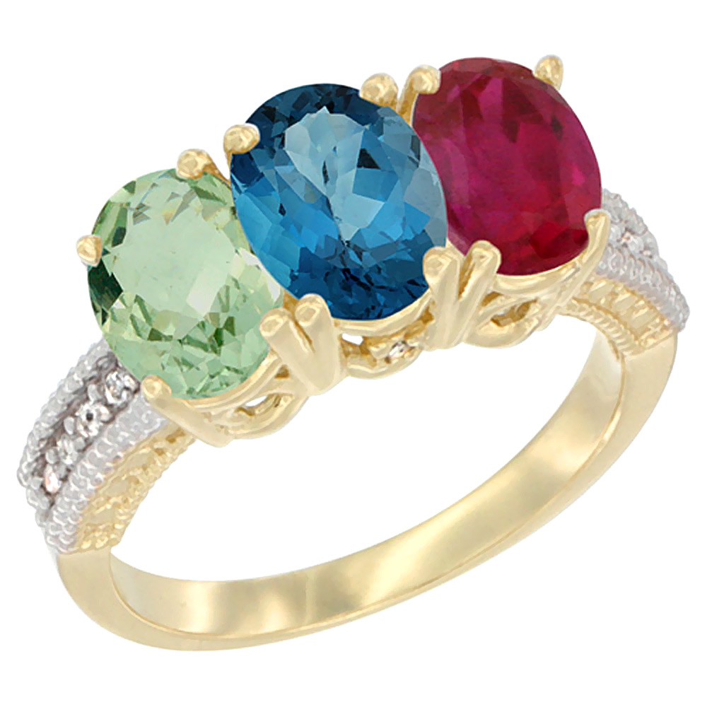 14K Yellow Gold Natural Green Amethyst, London Blue Topaz & Enhanced Ruby Ring 3-Stone 7x5 mm Oval Diamond Accent, sizes 5 - 10