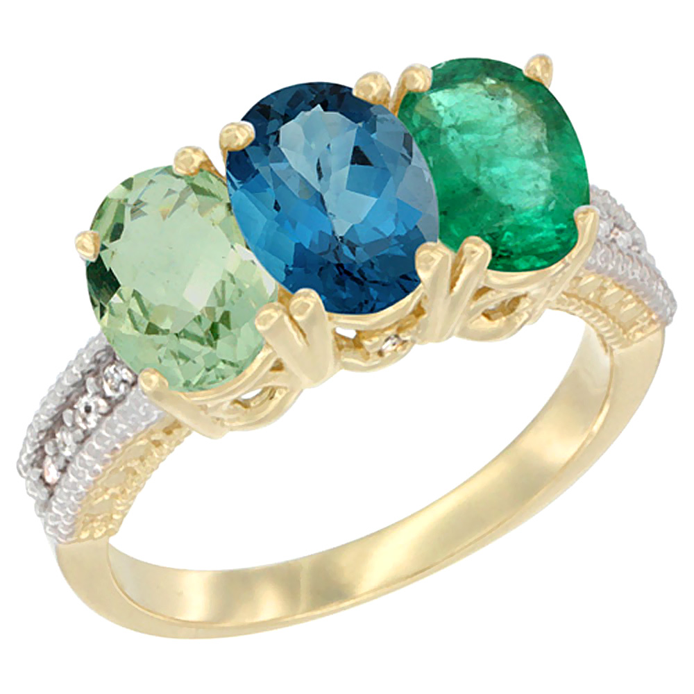 14K Yellow Gold Natural Green Amethyst, London Blue Topaz &amp; Emerald Ring 3-Stone 7x5 mm Oval Diamond Accent, sizes 5 - 10