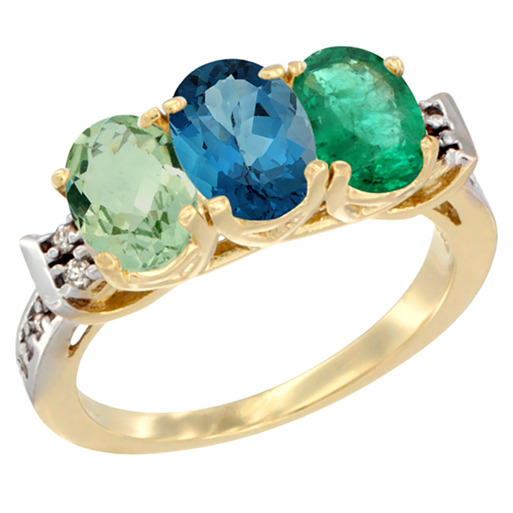 10K Yellow Gold Natural Green Amethyst, London Blue Topaz &amp; Emerald Ring 3-Stone Oval 7x5 mm Diamond Accent, sizes 5 - 10