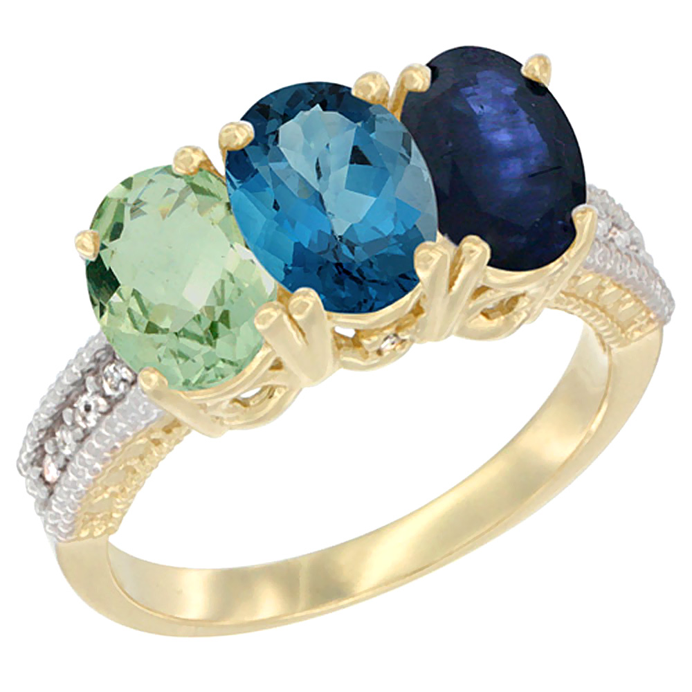 10K Yellow Gold Diamond Natural Green Amethyst, London Blue Topaz & Blue Sapphire Ring Oval 3-Stone 7x5 mm,sizes 5-10