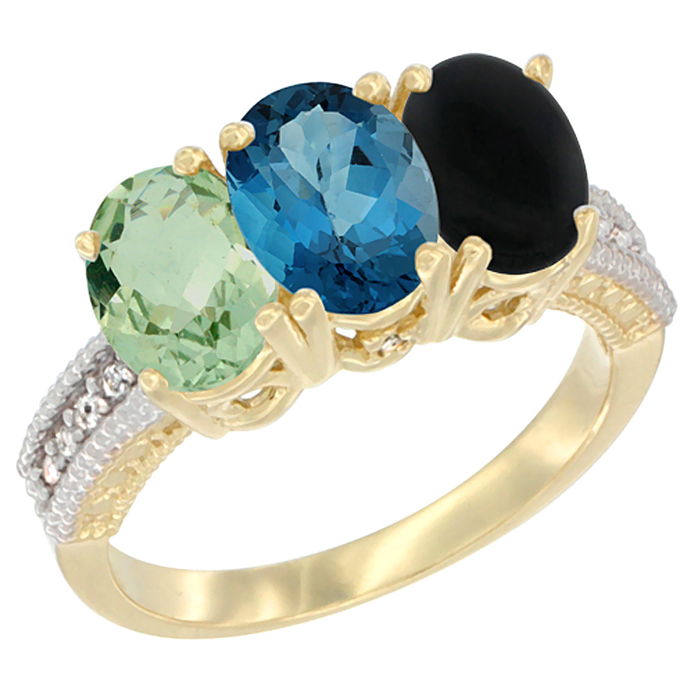 14K Yellow Gold Natural Green Amethyst, London Blue Topaz & Black Onyx Ring 3-Stone 7x5 mm Oval Diamond Accent, sizes 5 - 10