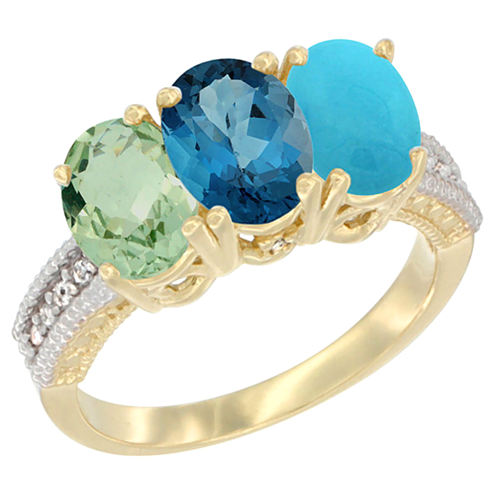 10K Yellow Gold Diamond Natural Green Amethyst, London Blue Topaz & Turquoise Ring Oval 3-Stone 7x5 mm,sizes 5-10