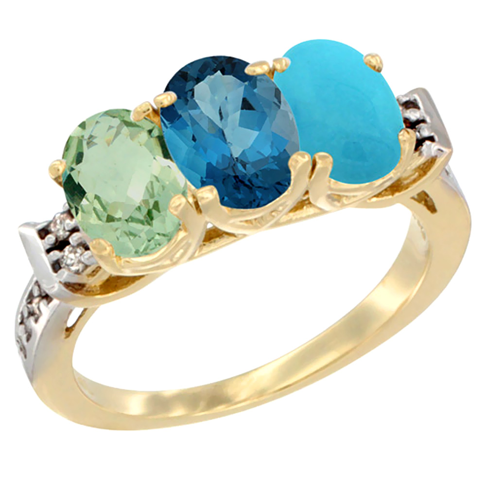 10K Yellow Gold Natural Green Amethyst, London Blue Topaz & Turquoise Ring 3-Stone Oval 7x5 mm Diamond Accent, sizes 5 - 10