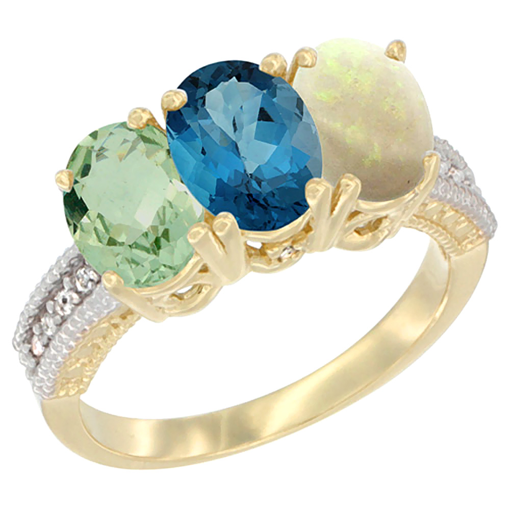 10K Yellow Gold Diamond Natural Green Amethyst, London Blue Topaz &amp; Opal Ring Oval 3-Stone 7x5 mm,sizes 5-10