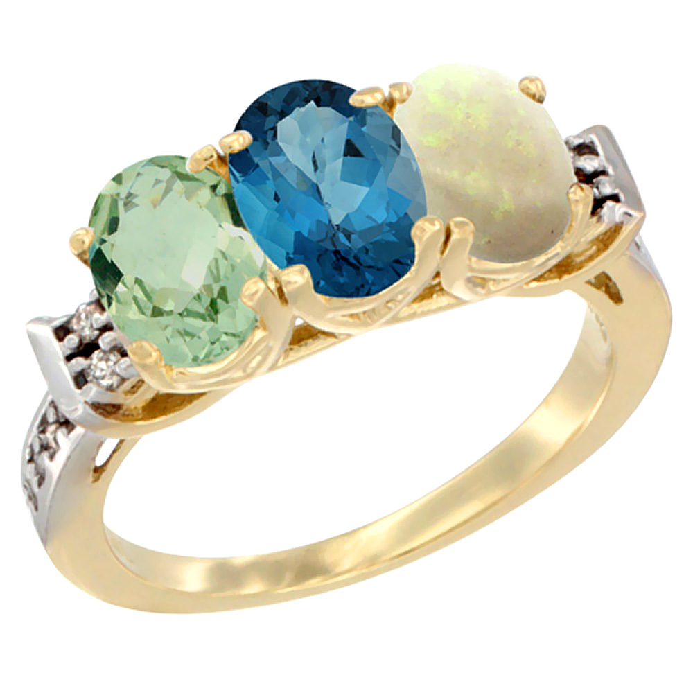 10K Yellow Gold Natural Green Amethyst, London Blue Topaz & Opal Ring 3-Stone Oval 7x5 mm Diamond Accent, sizes 5 - 10