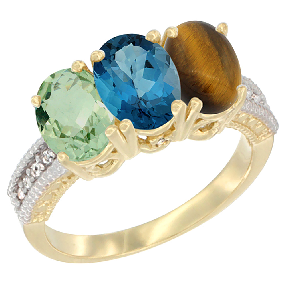 10K Yellow Gold Diamond Natural Green Amethyst, London Blue Topaz & Tiger Eye Ring Oval 3-Stone 7x5 mm,sizes 5-10