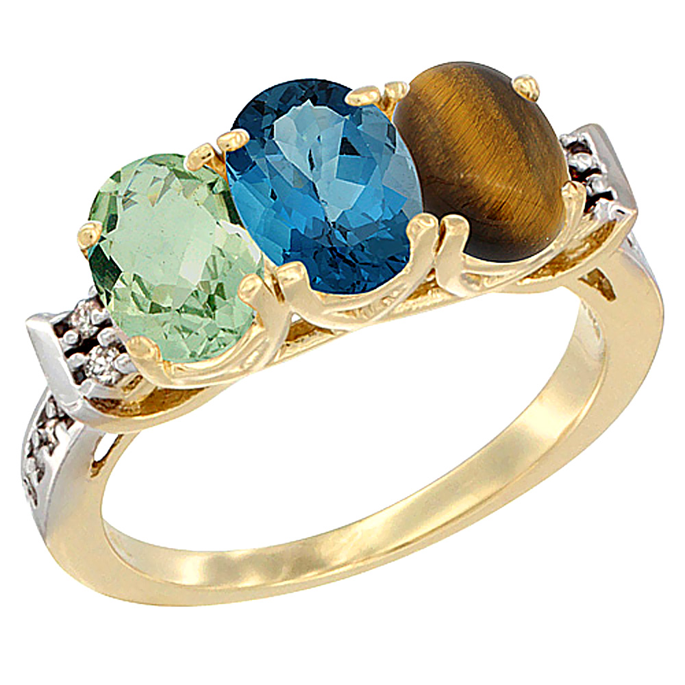 10K Yellow Gold Natural Green Amethyst, London Blue Topaz &amp; Tiger Eye Ring 3-Stone Oval 7x5 mm Diamond Accent, sizes 5 - 10