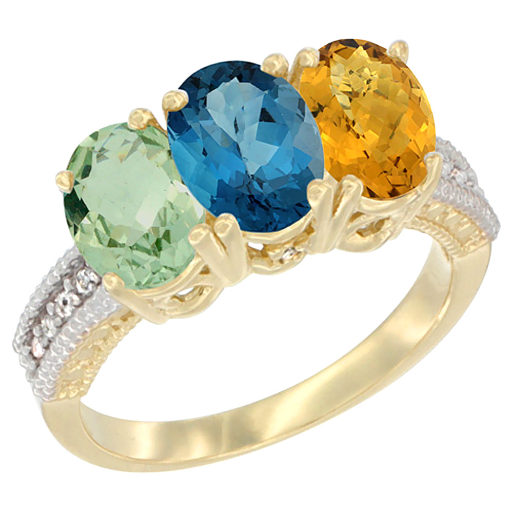 10K Yellow Gold Diamond Natural Green Amethyst, London Blue Topaz & Whisky Quartz Ring Oval 3-Stone 7x5 mm,sizes 5-10
