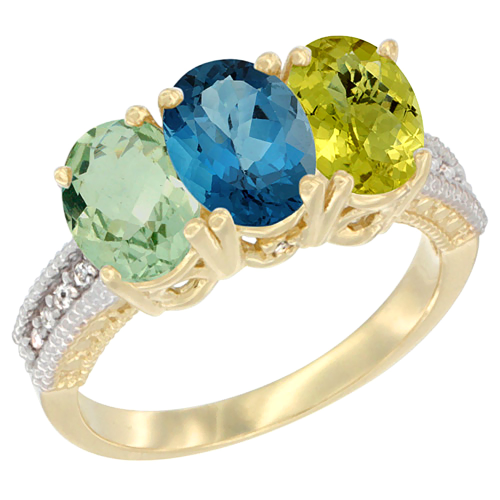 14K Yellow Gold Natural Green Amethyst, London Blue Topaz &amp; Lemon Quartz Ring 3-Stone 7x5 mm Oval Diamond Accent, sizes 5 - 10