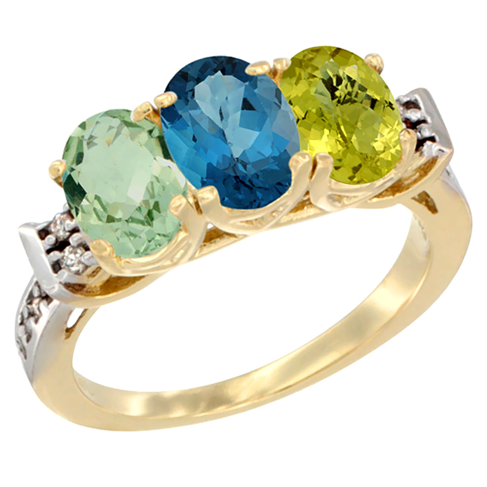 10K Yellow Gold Natural Green Amethyst, London Blue Topaz & Lemon Quartz Ring 3-Stone Oval 7x5 mm Diamond Accent, sizes 5 - 10