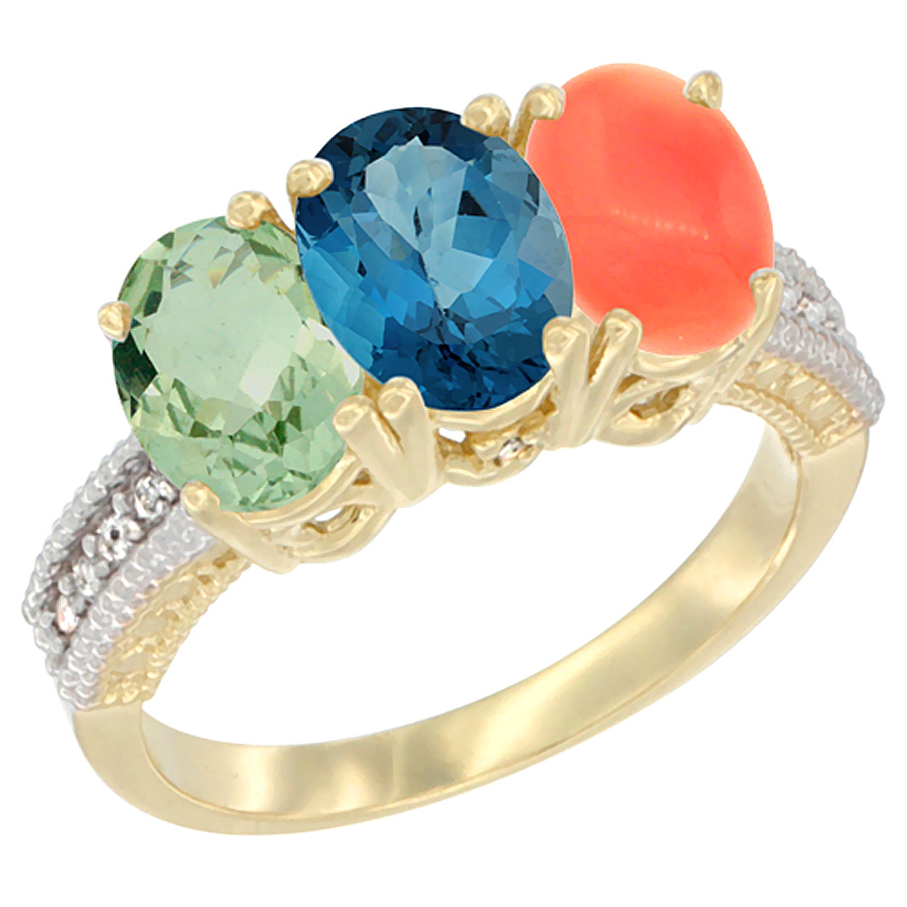 14K Yellow Gold Natural Green Amethyst, London Blue Topaz & Coral Ring 3-Stone 7x5 mm Oval Diamond Accent, sizes 5 - 10