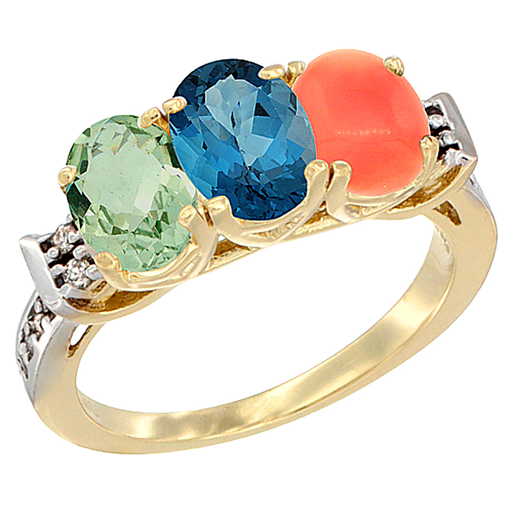 10K Yellow Gold Natural Green Amethyst, London Blue Topaz &amp; Coral Ring 3-Stone Oval 7x5 mm Diamond Accent, sizes 5 - 10