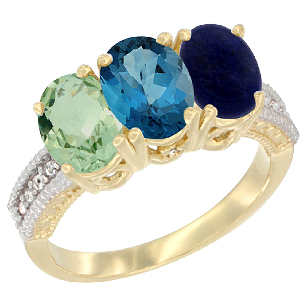 14K Yellow Gold Natural Green Amethyst, London Blue Topaz &amp; Lapis Ring 3-Stone 7x5 mm Oval Diamond Accent, sizes 5 - 10