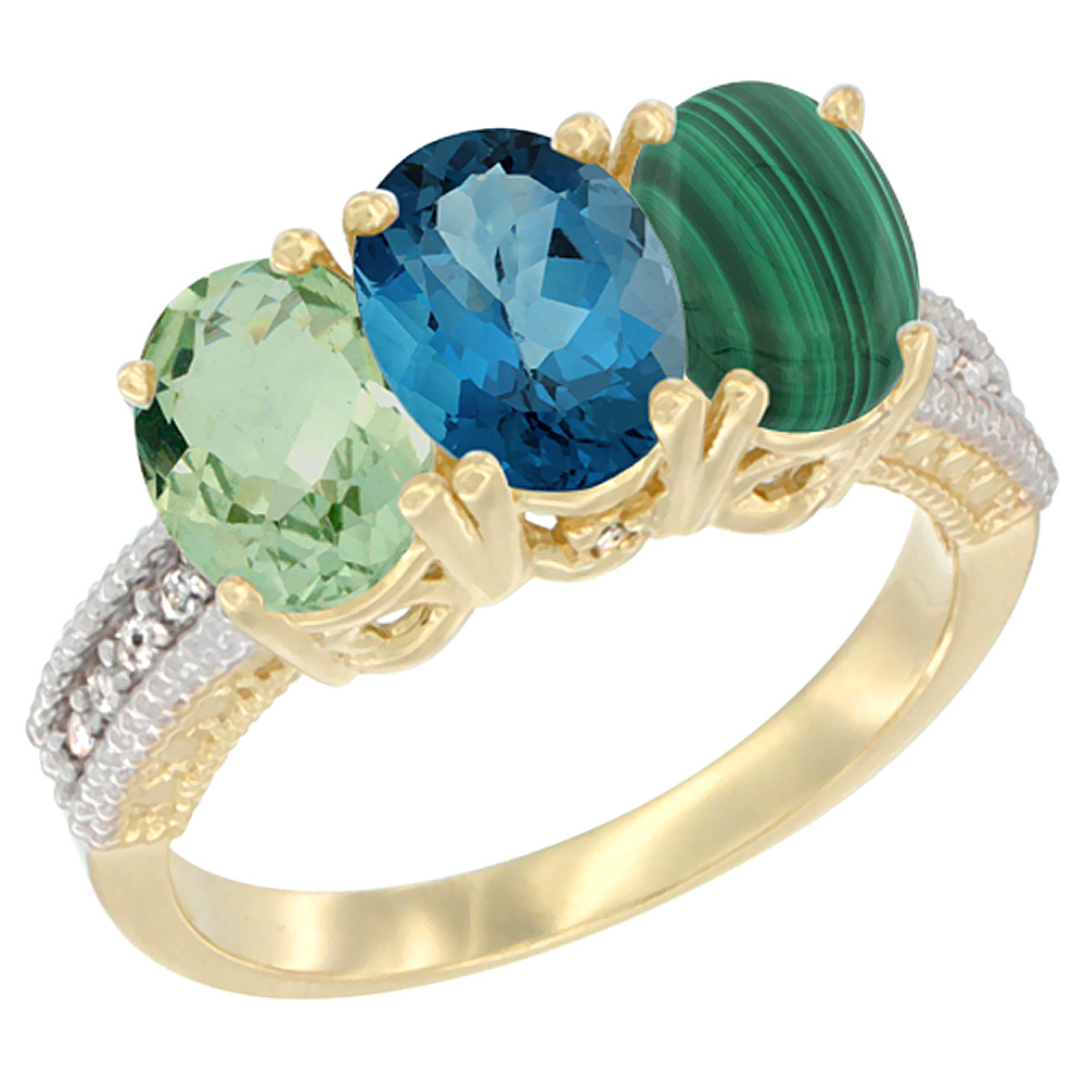 10K Yellow Gold Diamond Natural Green Amethyst, London Blue Topaz & Malachite Ring Oval 3-Stone 7x5 mm,sizes 5-10