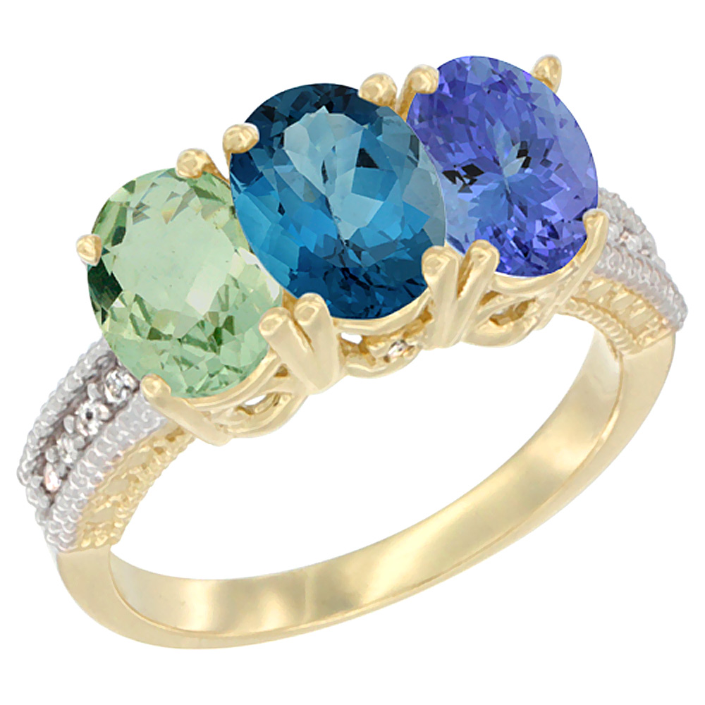 14K Yellow Gold Natural Green Amethyst, London Blue Topaz & Tanzanite Ring 3-Stone 7x5 mm Oval Diamond Accent, sizes 5 - 10