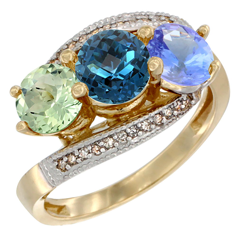 10K Yellow Gold Natural Green Amethyst, London Blue Topaz &amp; Tanzanite 3 stone Ring Round 6mm Diamond Accent, sizes 5 - 10