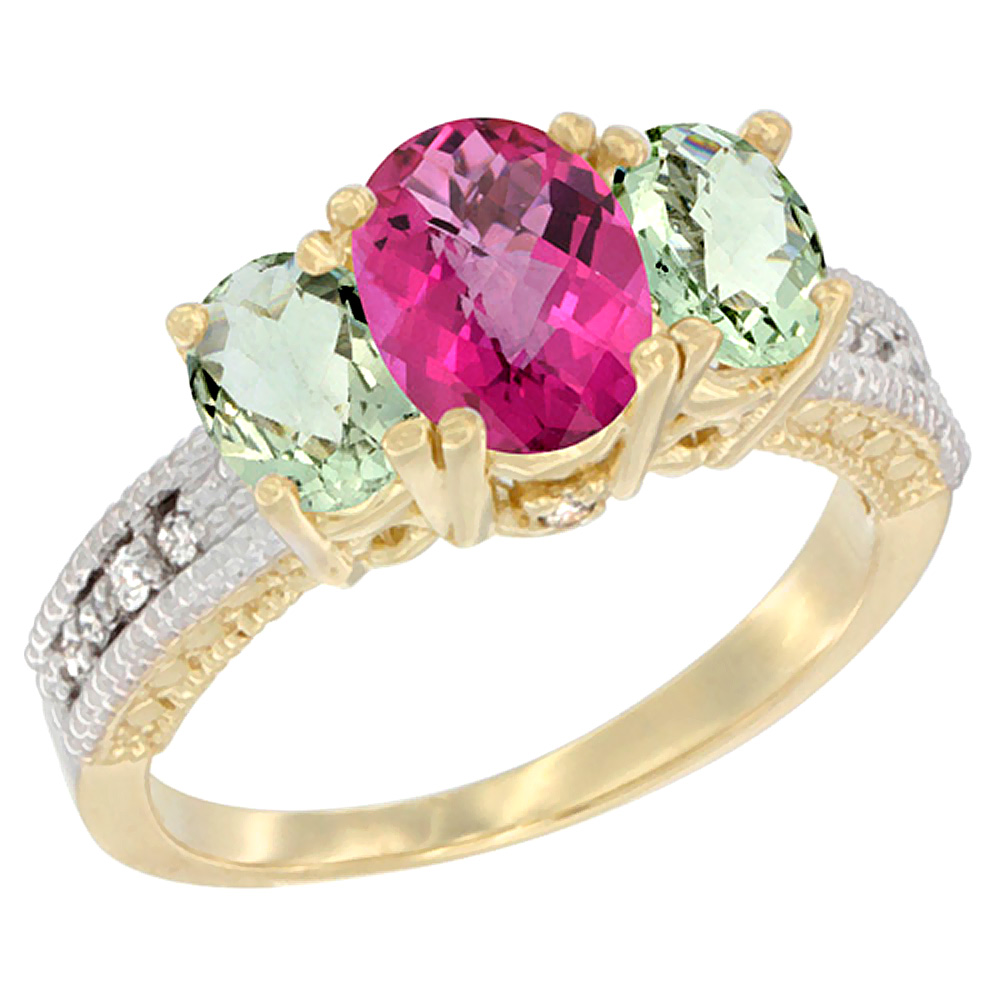 14K Yellow Gold Diamond Natural Pink Topaz Ring Oval 3-stone with Green Amethyst, sizes 5 - 10