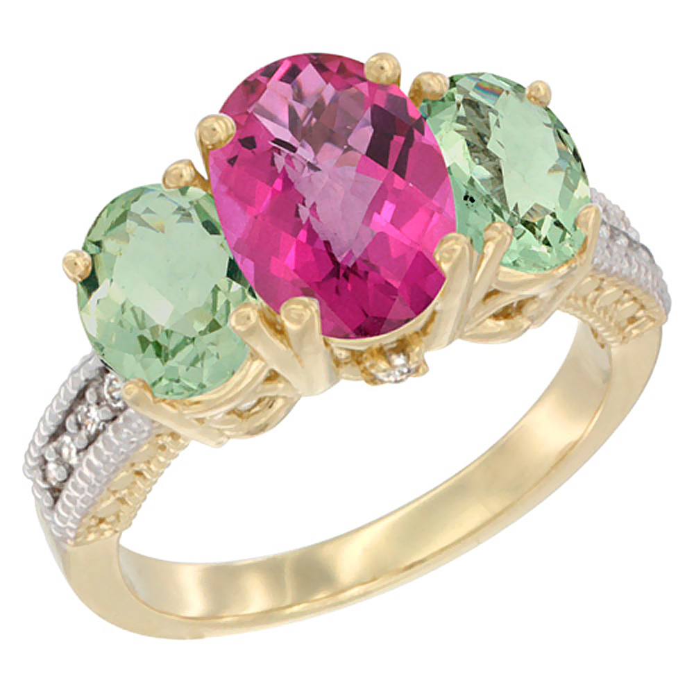 14K Yellow Gold Diamond Natural Pink Topaz Ring 3-Stone Oval 8x6mm with Green Amethyst, sizes5-10