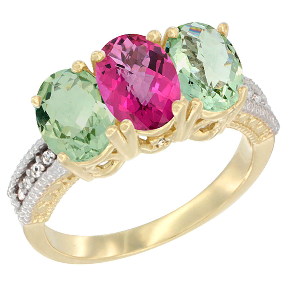 14K Yellow Gold Natural Pink Topaz &amp; Green Amethyst Ring 3-Stone 7x5 mm Oval Diamond Accent, sizes 5 - 10