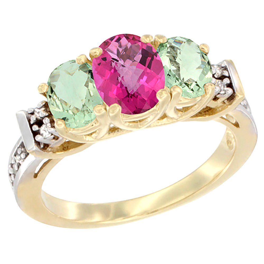 14K Yellow Gold Natural Pink Topaz & Green Amethyst Ring 3-Stone Oval Diamond Accent