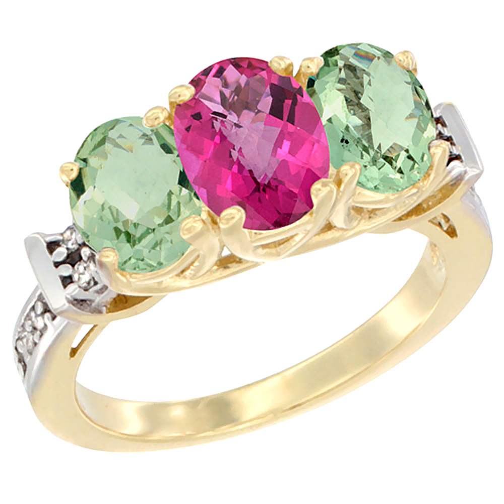 14K Yellow Gold Natural Pink Topaz &amp; Green Amethyst Sides Ring 3-Stone Oval Diamond Accent, sizes 5 - 10