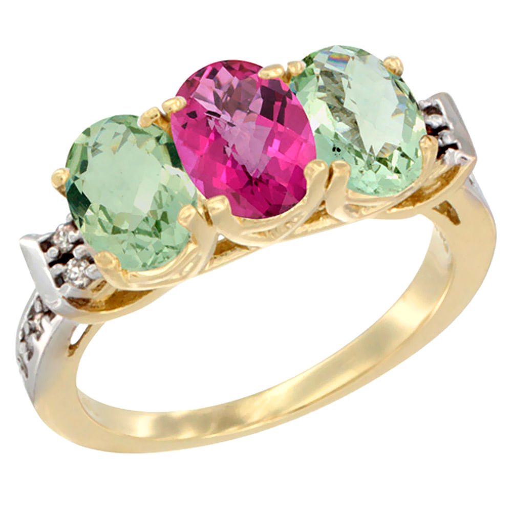 10K Yellow Gold Natural Pink Topaz & Green Amethyst Sides Ring 3-Stone Oval 7x5 mm Diamond Accent, sizes 5 - 10