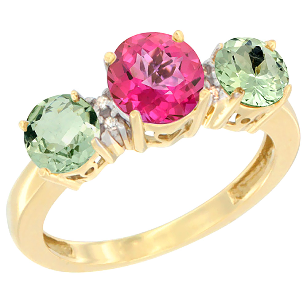 14K Yellow Gold Round 3-Stone Natural Pink Topaz Ring &amp; Green Amethyst Sides Diamond Accent, sizes 5 - 10