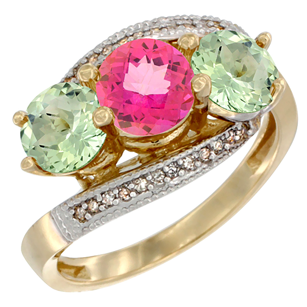 10K Yellow Gold Natural Pink Topaz &amp; Green Amethyst Sides 3 stone Ring Round 6mm Diamond Accent, sizes 5 - 10