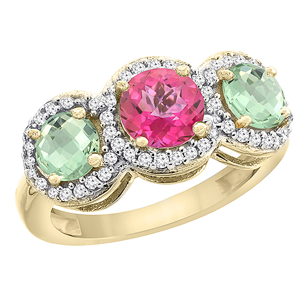 10K Yellow Gold Natural Pink Topaz & Green Amethyst Sides Round 3-stone Ring Diamond Accents, sizes 5 - 10