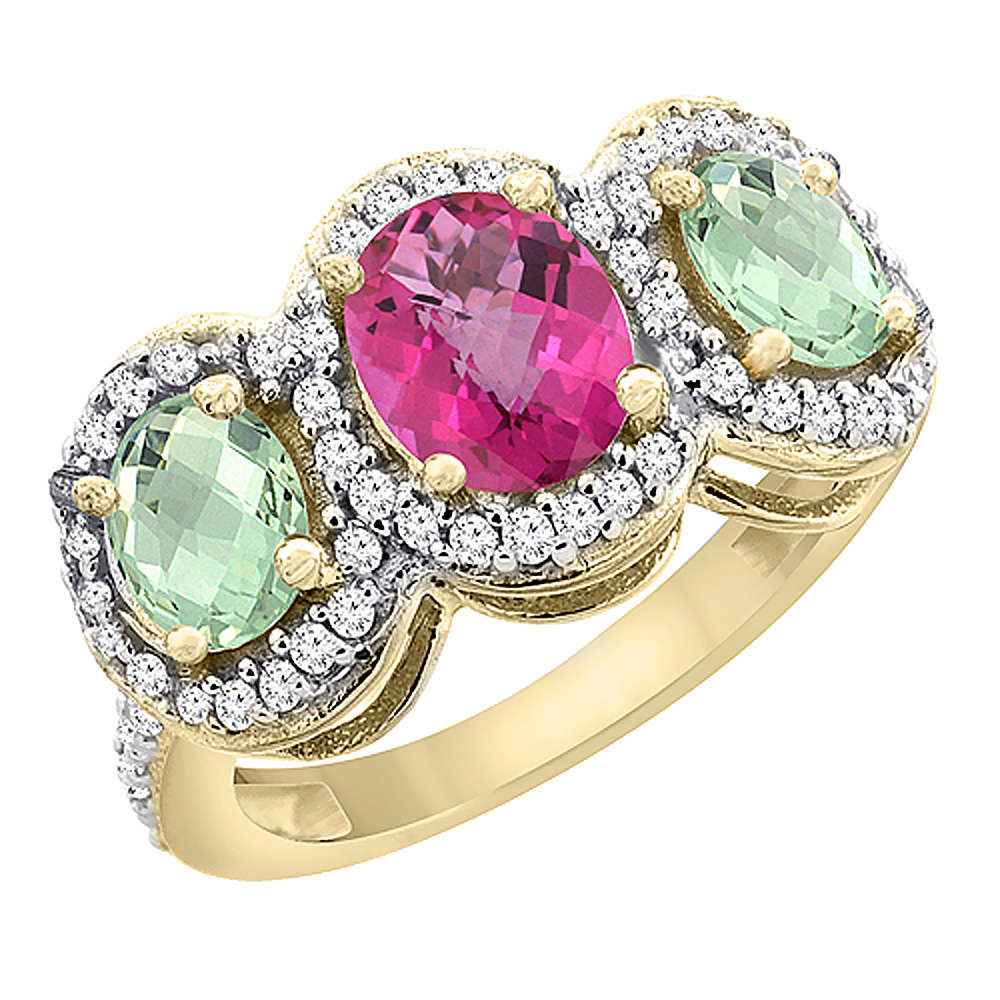 14K Yellow Gold Natural Pink Topaz &amp; Green Amethyst 3-Stone Ring Oval Diamond Accent, sizes 5 - 10