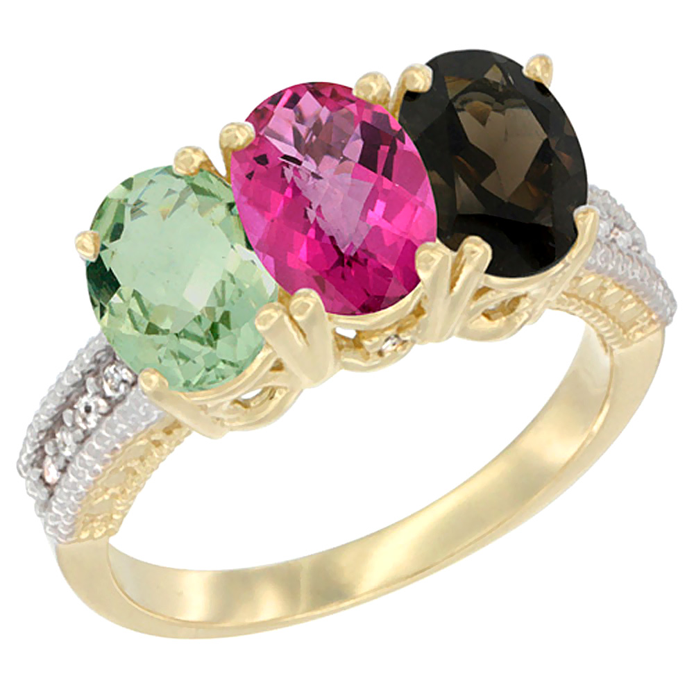 14K Yellow Gold Natural Green Amethyst, Pink Topaz &amp; Smoky Topaz Ring 3-Stone 7x5 mm Oval Diamond Accent, sizes 5 - 10