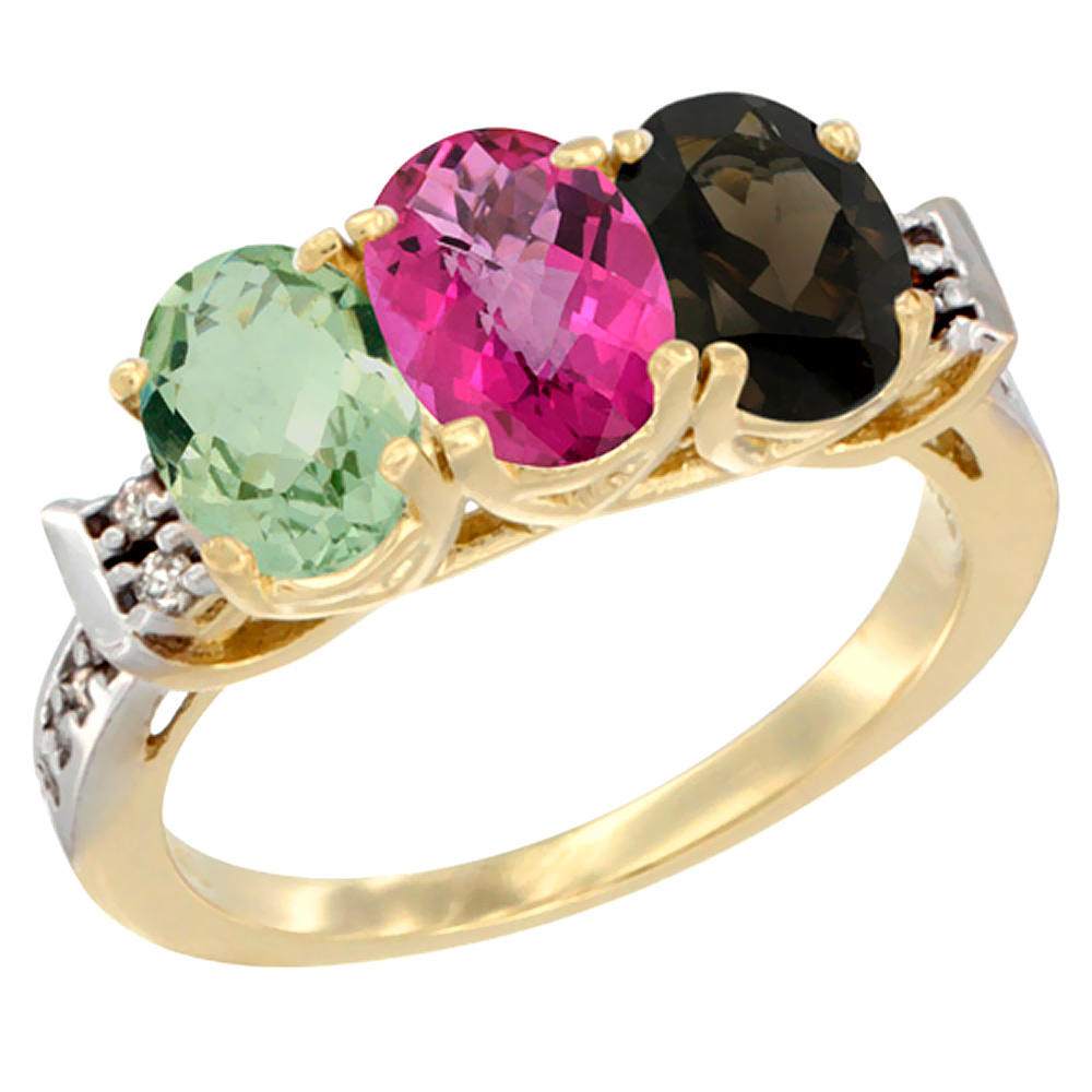 14K Yellow Gold Natural Green Amethyst, Pink Topaz &amp; Smoky Topaz Ring 3-Stone 7x5 mm Oval Diamond Accent, sizes 5 - 10