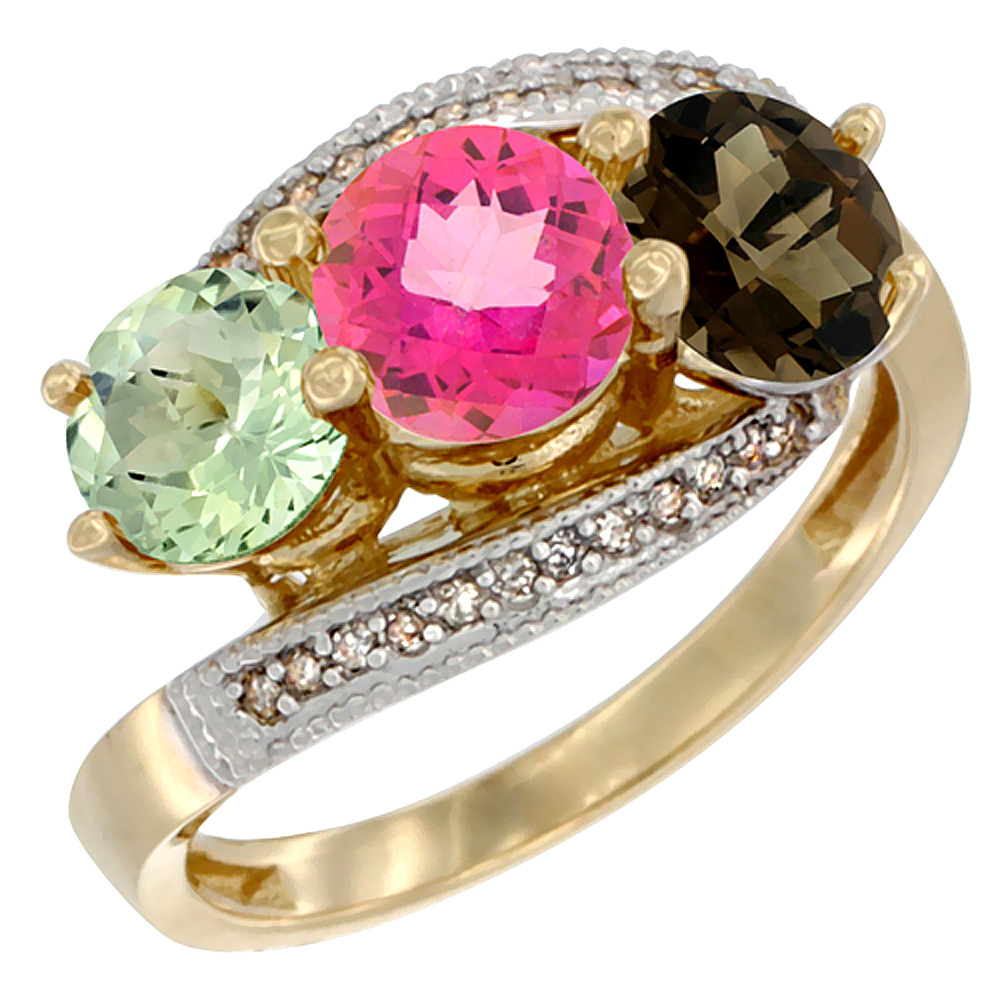 10K Yellow Gold Natural Green Amethyst, Pink &amp; Smoky Topaz 3 stone Ring Round 6mm Diamond Accent, sizes 5 - 10
