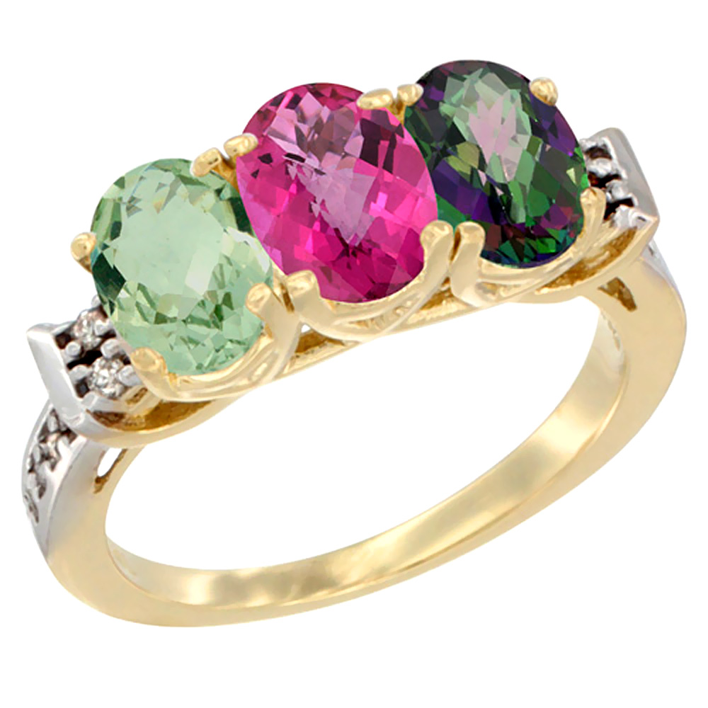 10K Yellow Gold Natural Green Amethyst, Pink Topaz & Mystic Topaz Ring 3-Stone Oval 7x5 mm Diamond Accent, sizes 5 - 10