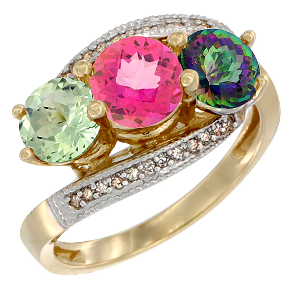 10K Yellow Gold Natural Green Amethyst, Pink &amp; Mystic Topaz 3 stone Ring Round 6mm Diamond Accent, sizes 5 - 10