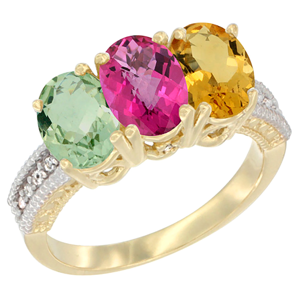 10K Yellow Gold Diamond Natural Green Amethyst, Pink Topaz &amp; Citrine Ring Oval 3-Stone 7x5 mm,sizes 5-10