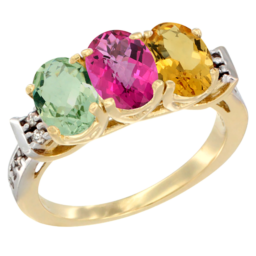 14K Yellow Gold Natural Green Amethyst, Pink Topaz &amp; Citrine Ring 3-Stone 7x5 mm Oval Diamond Accent, sizes 5 - 10
