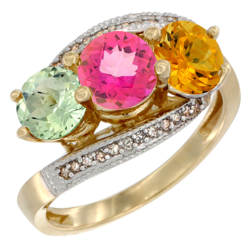 14K Yellow Gold Natural Green Amethyst, Pink Topaz &amp; Citrine 3 stone Ring Round 6mm Diamond Accent, sizes 5 - 10