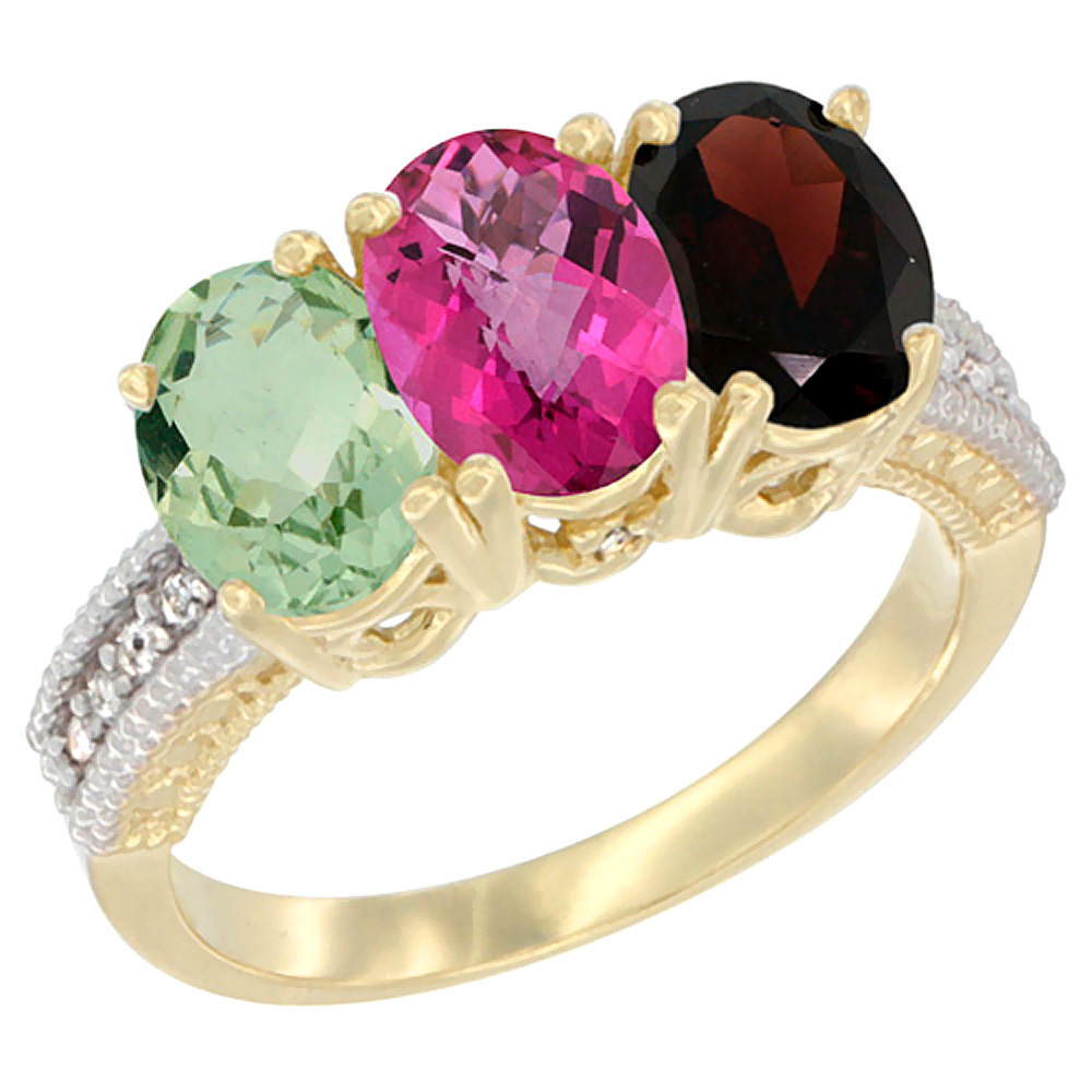 14K Yellow Gold Natural Green Amethyst, Pink Topaz &amp; Garnet Ring 3-Stone 7x5 mm Oval Diamond Accent, sizes 5 - 10