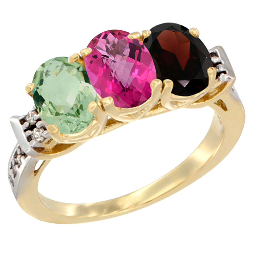 10K Yellow Gold Natural Green Amethyst, Pink Topaz & Garnet Ring 3-Stone Oval 7x5 mm Diamond Accent, sizes 5 - 10