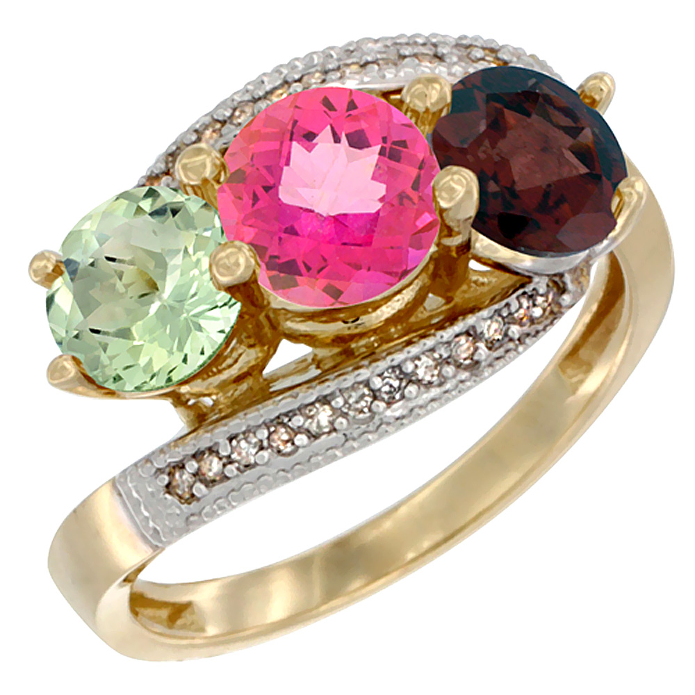 10K Yellow Gold Natural Green Amethyst, Pink Topaz & Garnet 3 stone Ring Round 6mm Diamond Accent, sizes 5 - 10