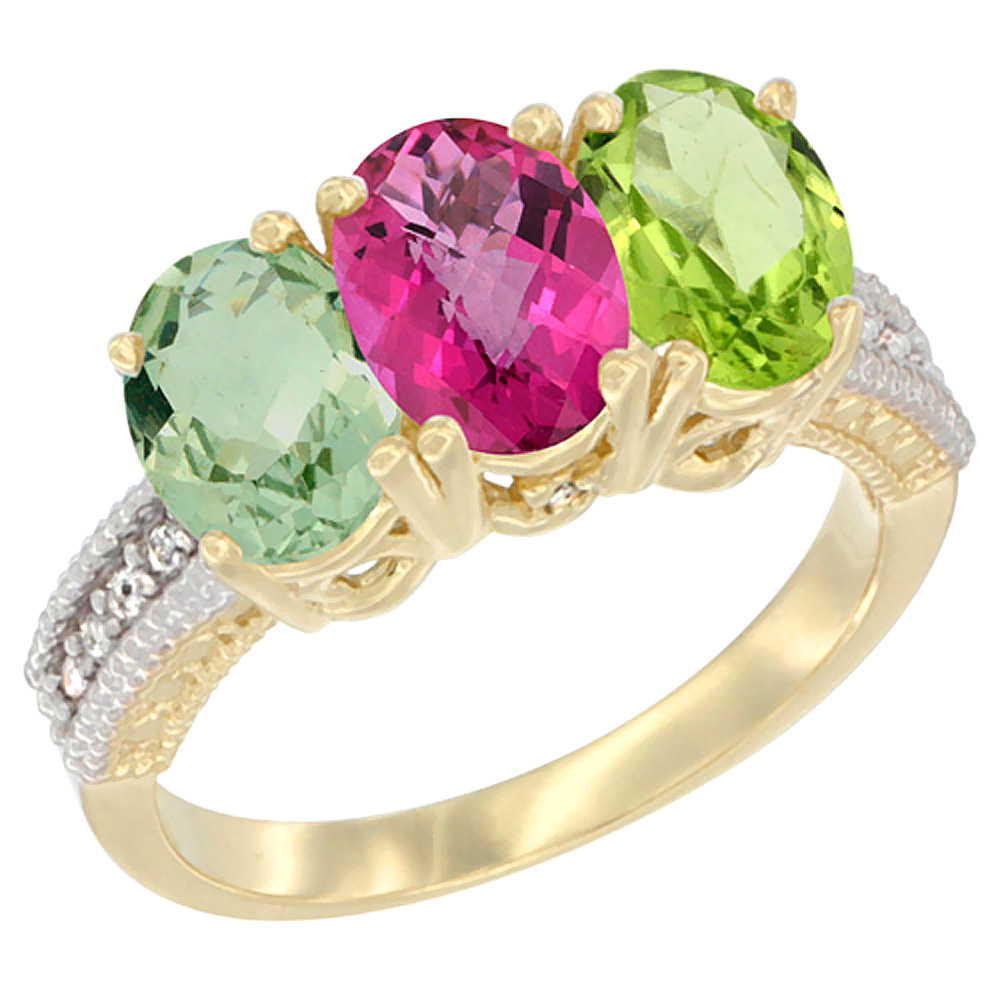 14K Yellow Gold Natural Green Amethyst, Pink Topaz & Peridot Ring 3-Stone 7x5 mm Oval Diamond Accent, sizes 5 - 10