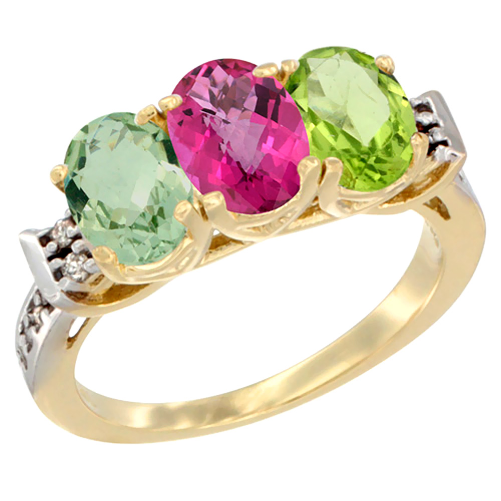 10K Yellow Gold Natural Green Amethyst, Pink Topaz &amp; Peridot Ring 3-Stone Oval 7x5 mm Diamond Accent, sizes 5 - 10